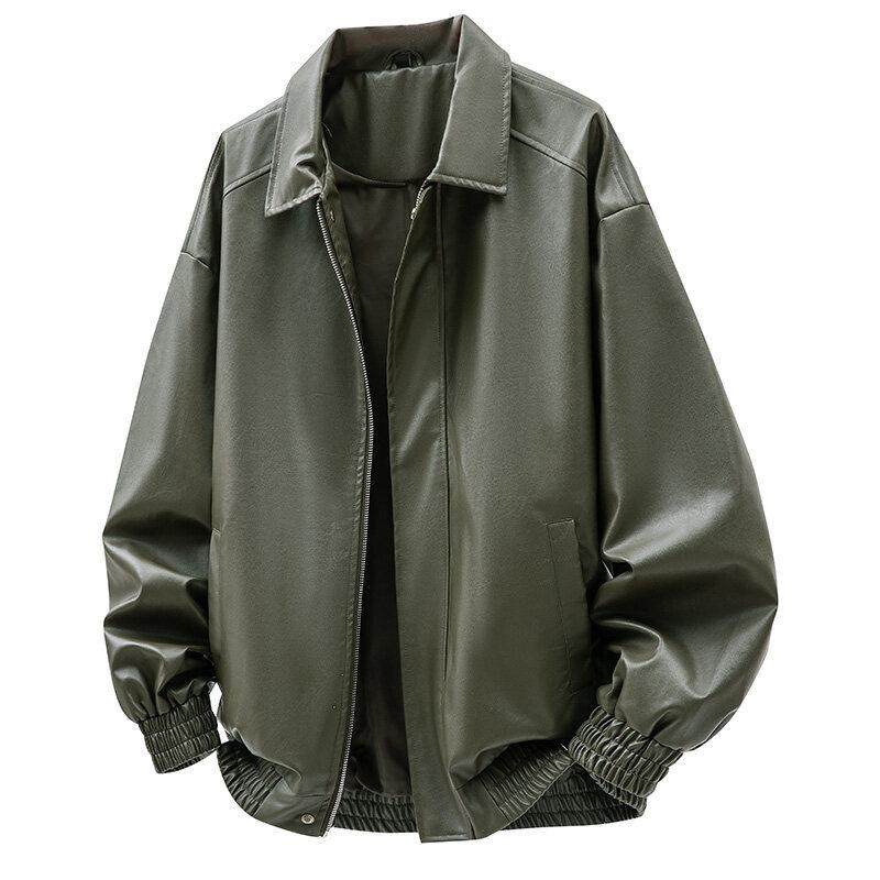 Amerikanische Motorradlederjacke Herren Frühling und Herbst Einfarbig Lässig Vielseitig Revers Kurzlederjacke