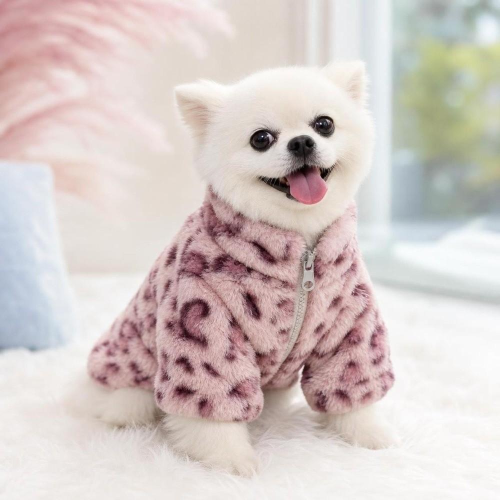 Windproof Dog Warm Clothes Love Leopard Print Plush Dogs Coat for Small Medium Dog