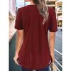 Summer Loose Solid Color T-shirt, Crew Neck Short Sleeve Button Detail Pleated Front Top for Women, European American Casual Crossbody Apparel