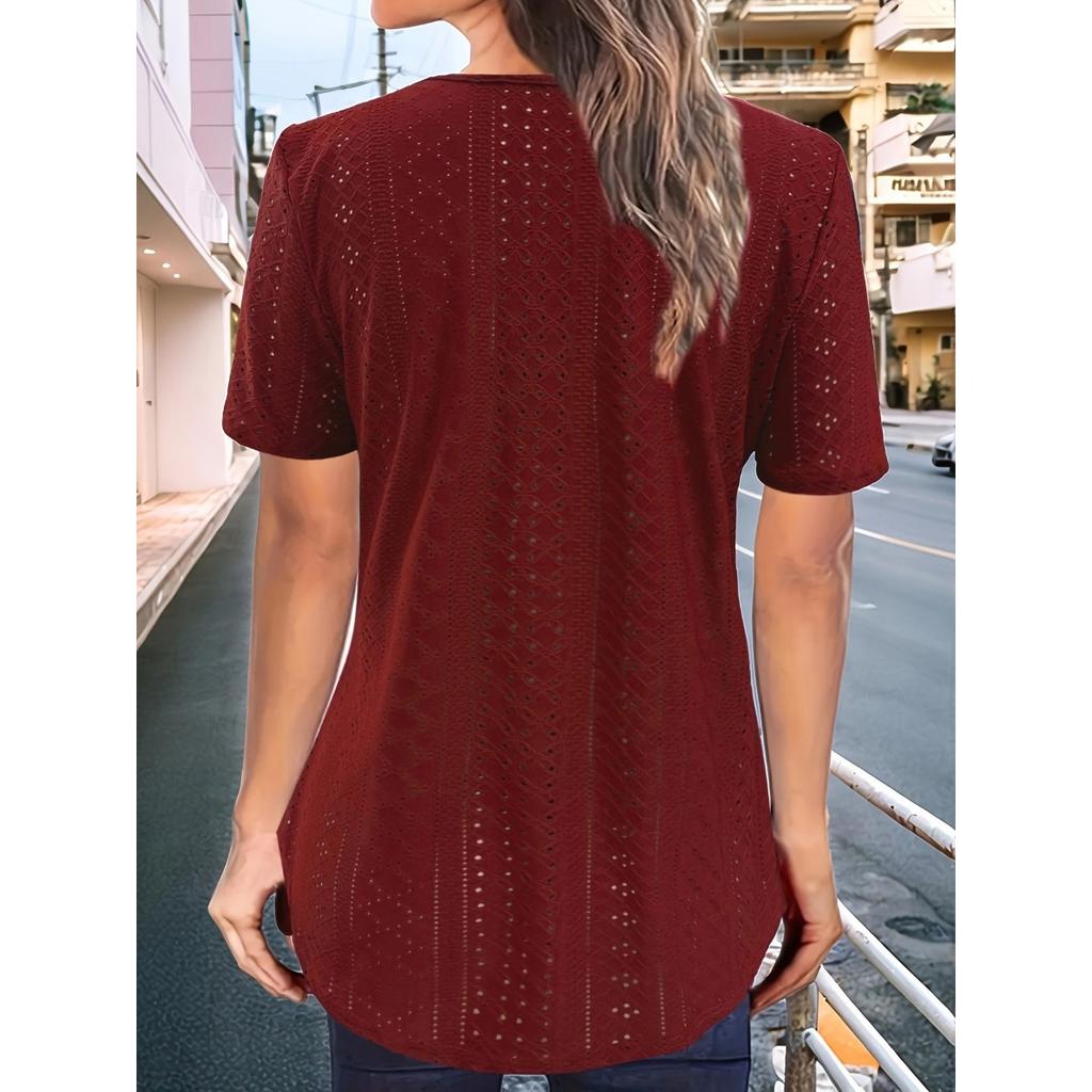 Summer Loose Solid Color T-shirt, Crew Neck Short Sleeve Button Detail Pleated Front Top for Women, European American Casual Crossbody Apparel