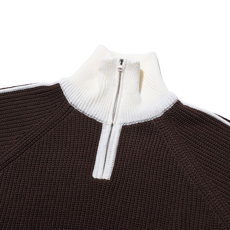 NODU High-Neck Half-Zip Track Line Contrast Collar Hacci Knit [Brown]