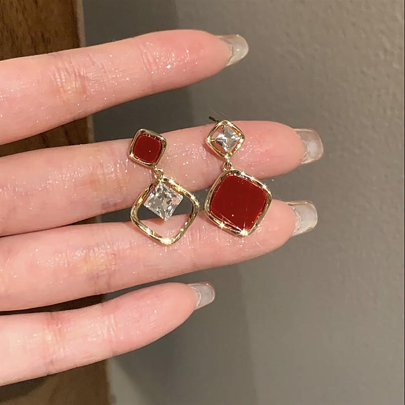 18k Gold Plated Red Zircon Rhombus Stud Earrings - French Retro Style, Elegant Luxury New Year Accessories