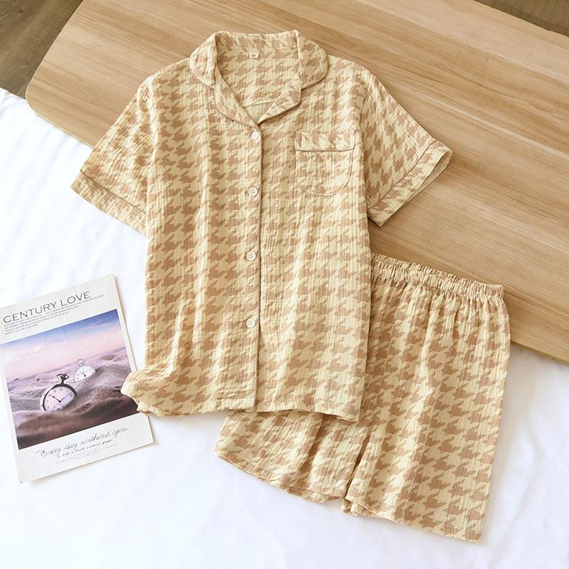 Jednoduché kostkované pyžamové sety pro páry Šortky Pánské Dámské Oblečení na spaní Krátký rukáv Dvojitá gáza Mačkaná bavlna Domácí oblečení
