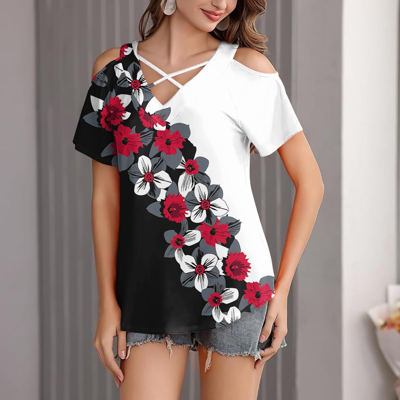 

Женская футболка с блестками и принтом, повседневная, с открытыми плечами, V-образным вырезом и короткими рукавами XL винный