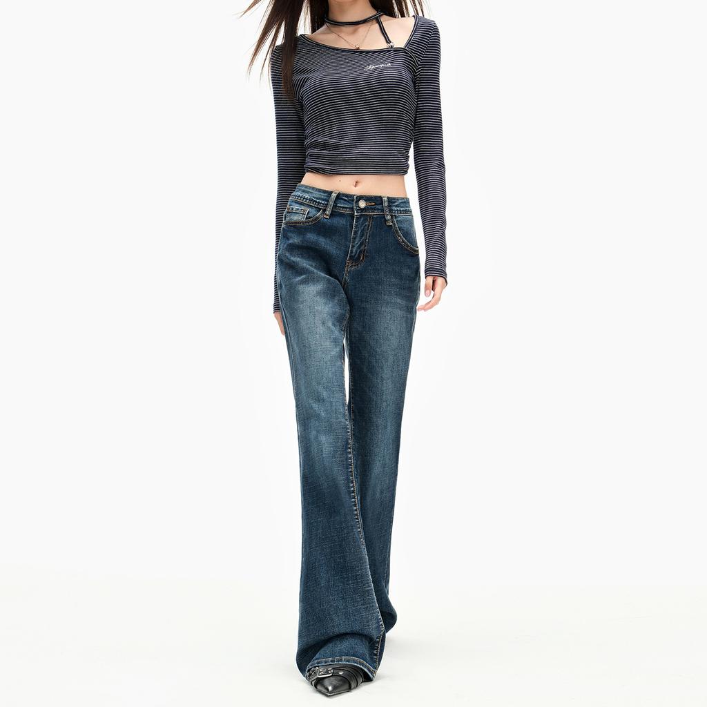 Retro blue jeans women's spring new hot girls are thin and do not stick to their legs loose mopping flared pants Yichun