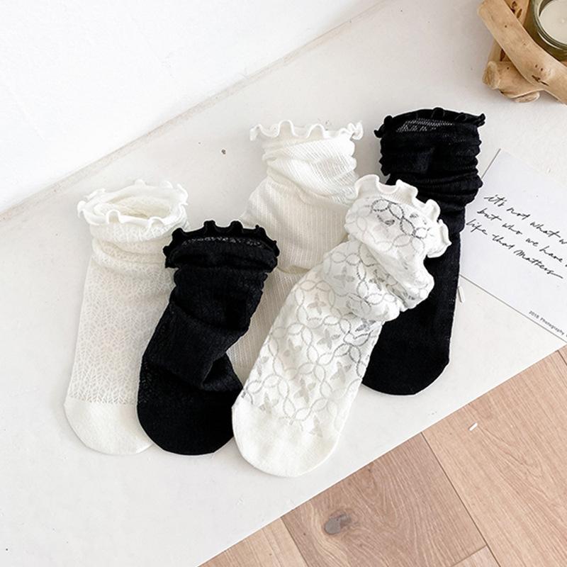 Polka Dot Socks for Women Summer Black Fungus Fringed Pile Socks Thin Mesh Mid-calf Socks Japanese-style Lace Socks