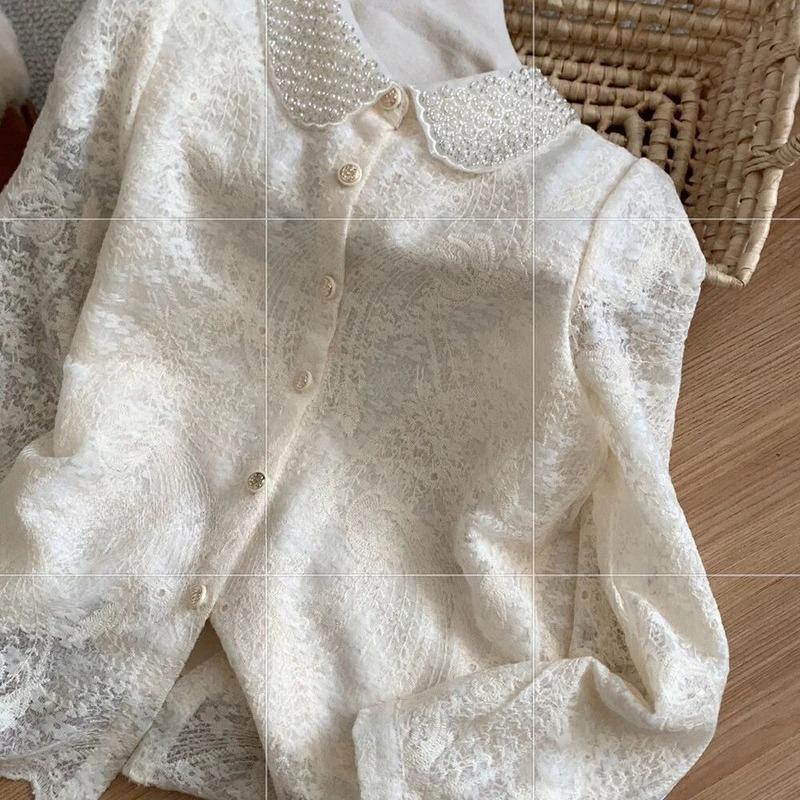 Frühlings Perlen Ropa Langarm Jacquard Blusas Schöne Hemden Blusen Roupas Feminina Damen Pendler Camisas