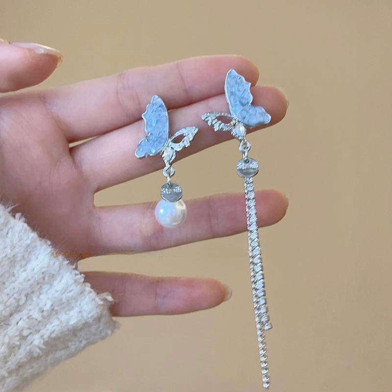 925 silver needle asymmetrical blue butterfly fringed earrings women's high-end temperament long pearl stud earrings ear jewelry