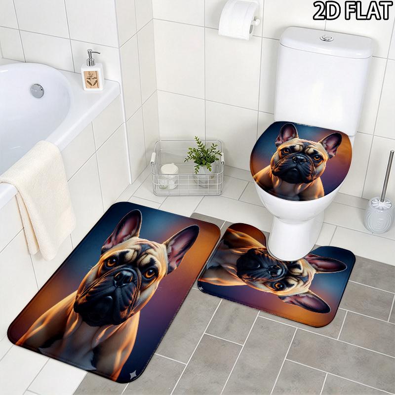 French Bulldog Pattern 3Pcs Bathroom Rug Set, Non Slip Absorbent Bath Mat, Contour Mat & Toilet Lid Cover, Bathroom Decor