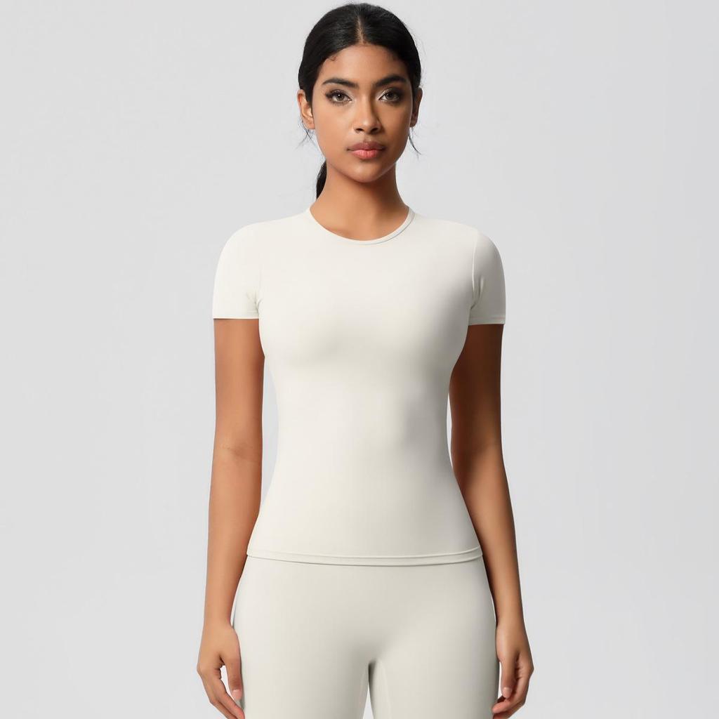 Gebürstetes Nude Slim-Fit Rundhals Yoga-Top - Kurzärmlig, Atmungsaktiv, Vielseitige Sportbekleidung