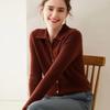 Women's Striped Polo Collar Cashmere Knit Cardigan Sweater for Autumn and Winter