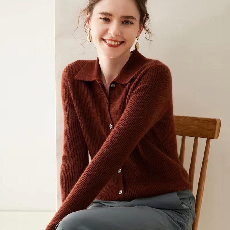 Women's Striped Polo Collar Cashmere Knit Cardigan Sweater for Autumn and Winter