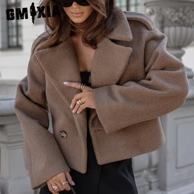 Moda inverno terno colarinho cor sólida lã pequeno casaco para mulheres jaquetas e casacos