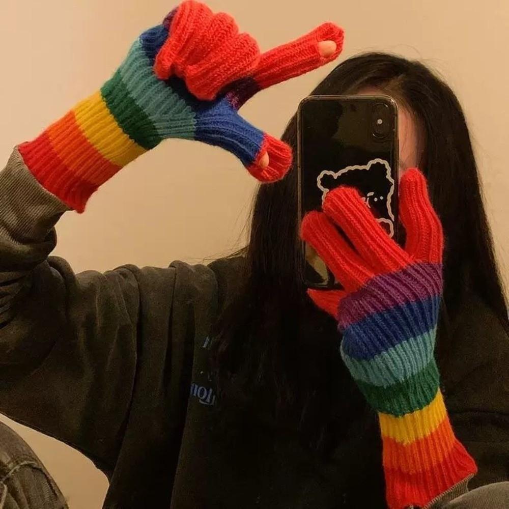 Fashionable Rainbow Open Finger Gloves Warm Windproof Knitted Mittens Thickened Touch Screen Gloves Girl
