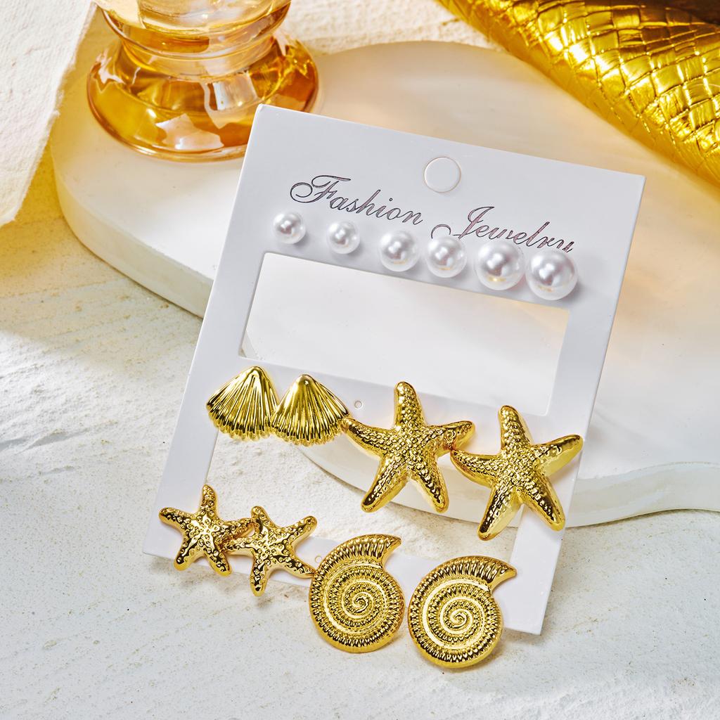 Summer CCB Starfish Seashell Conch Stud Earrings Set for Women Gold Color Star Geometric Earrings Trendy Seaside Beach Jewelry