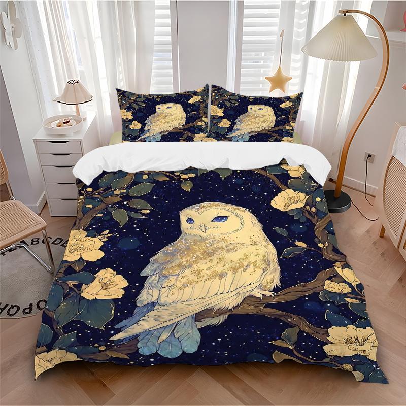 3pcs Owl Enchanted Night Quilt Cover Set - Soft & Comfortable Polyester Fabric, All-Season Breathable Comforter Set For 1 Quilt Cover & 2 Pillowc