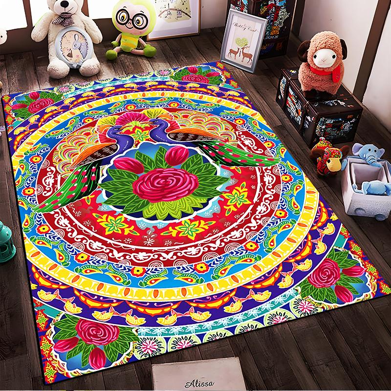 Colorful Peacock Mandala Carpet with Floral Patterns and Vibrant Design Suitable for Use As an Anti-slip for Living Room Bedroom Sofas