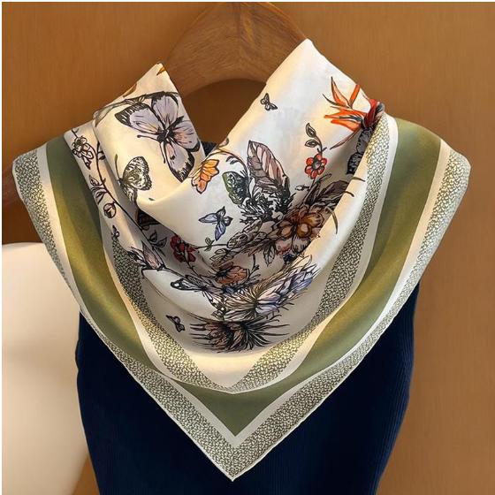 Luxury Silk Square Scarf Women Shawl Fashion French Flower Print Design Satin Hijab Wraps Neckerchief Female Hair Bands 70*70Cm