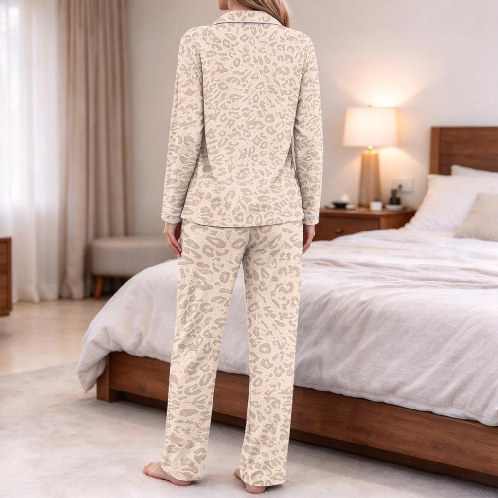Women's Printed Pajama Set Long Sleeve V-Neck Button-Up Top and Pants with Pockets for Loungewear