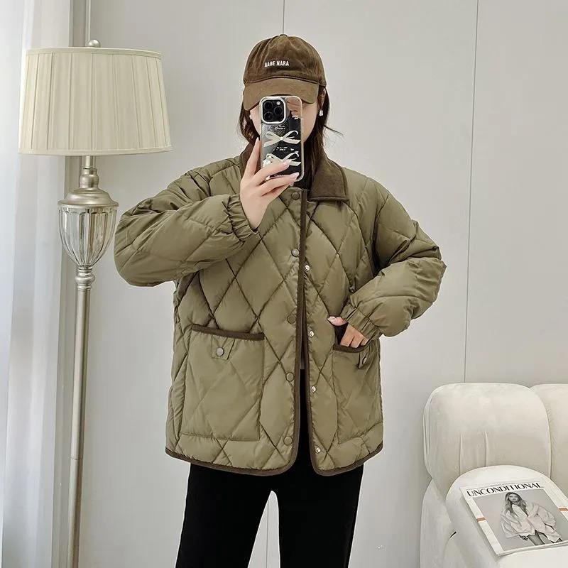 Women's   Tweed Cotton Coat PU Leather Surface Versatile Loose Fit Color  Autumn Winter Jacket