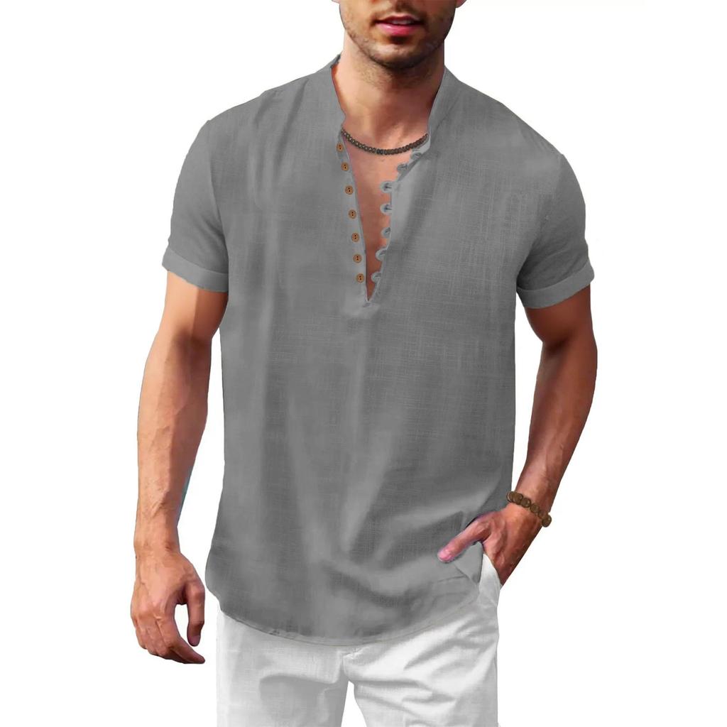 Estate Nuova Maglietta a Maniche Corte in Cotone Lino da Uomo Mezza Bottonatura Collo Henley Tinta Unita Traspirante Leggera Top Maschili