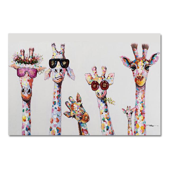 Art Colorful Oil Animal Giraffe A Family With Glasses Painting Canvas Picture Wall Art For Bedding Room No Frame