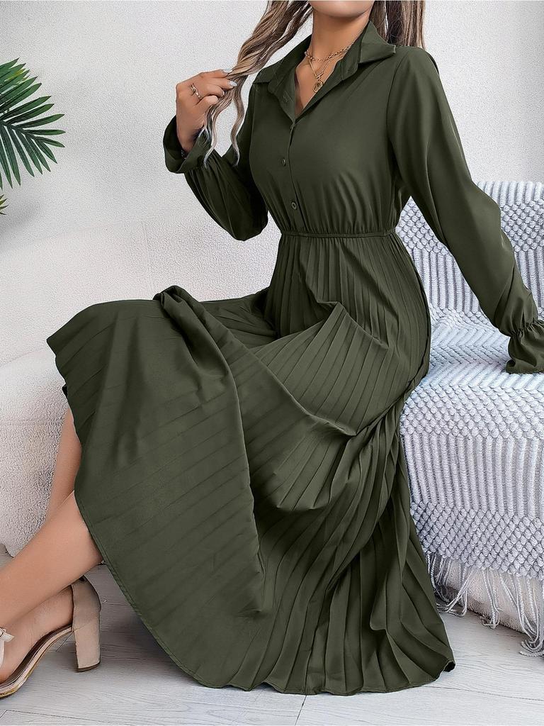 Abito a Colletto Reversibile Monocolore Abito Elegante Plissettato a Vita Alta per Donna Abiti Ampi a Maniche Lunghe Abito Casual