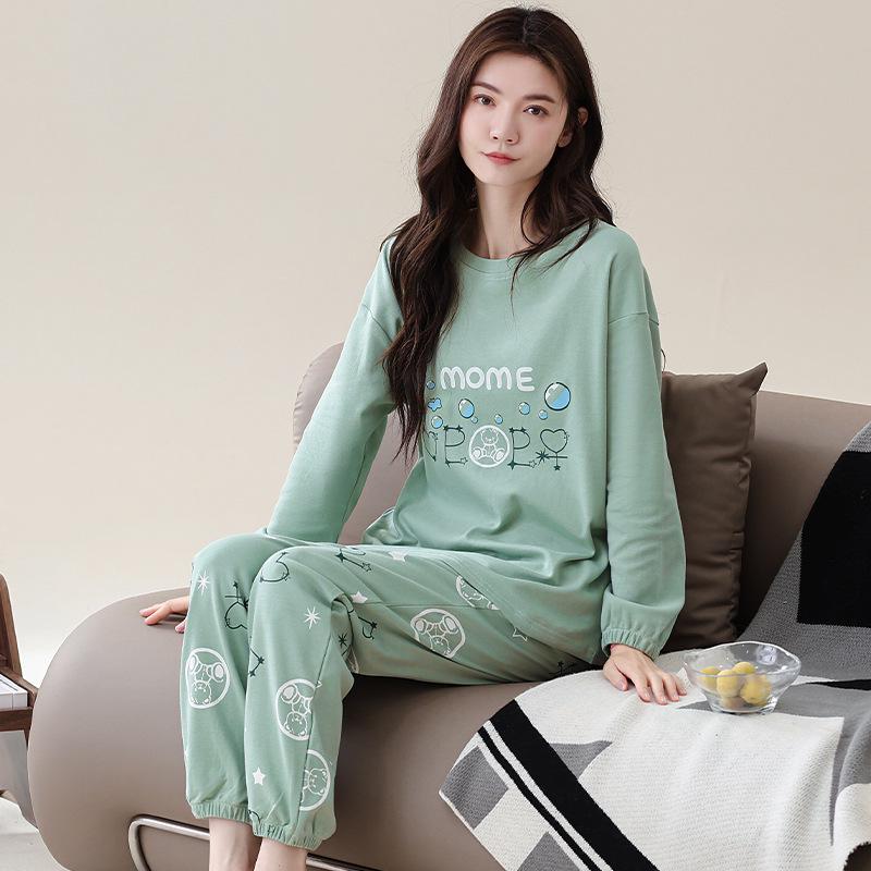 Women's Korean-Style Pure Cotton Printed Long Sleeve Pajama Set for Autumn/Spring