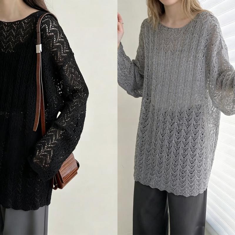 Women's Hollow Out Long-Sleeve Knit Cardigan - Lazy Style, Slimming Mid-Length Outerwear, Age-Reducing Sun Protection