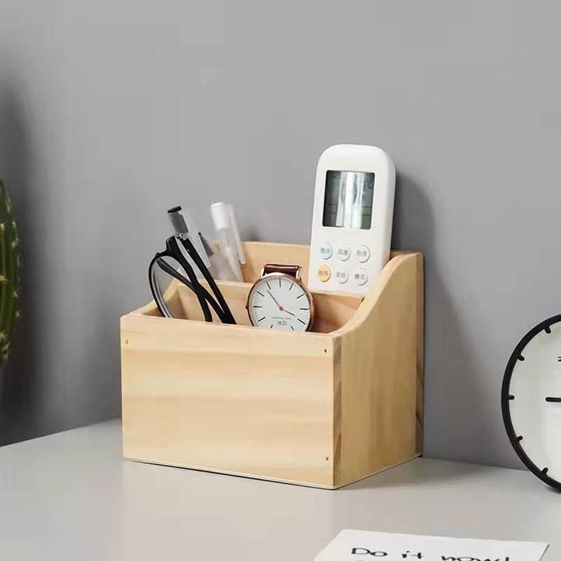 In-Stock Wooden Desktop Storage Box: Two-Compartment Pen Holder & Remote Control Organizer for Office or Living Room.