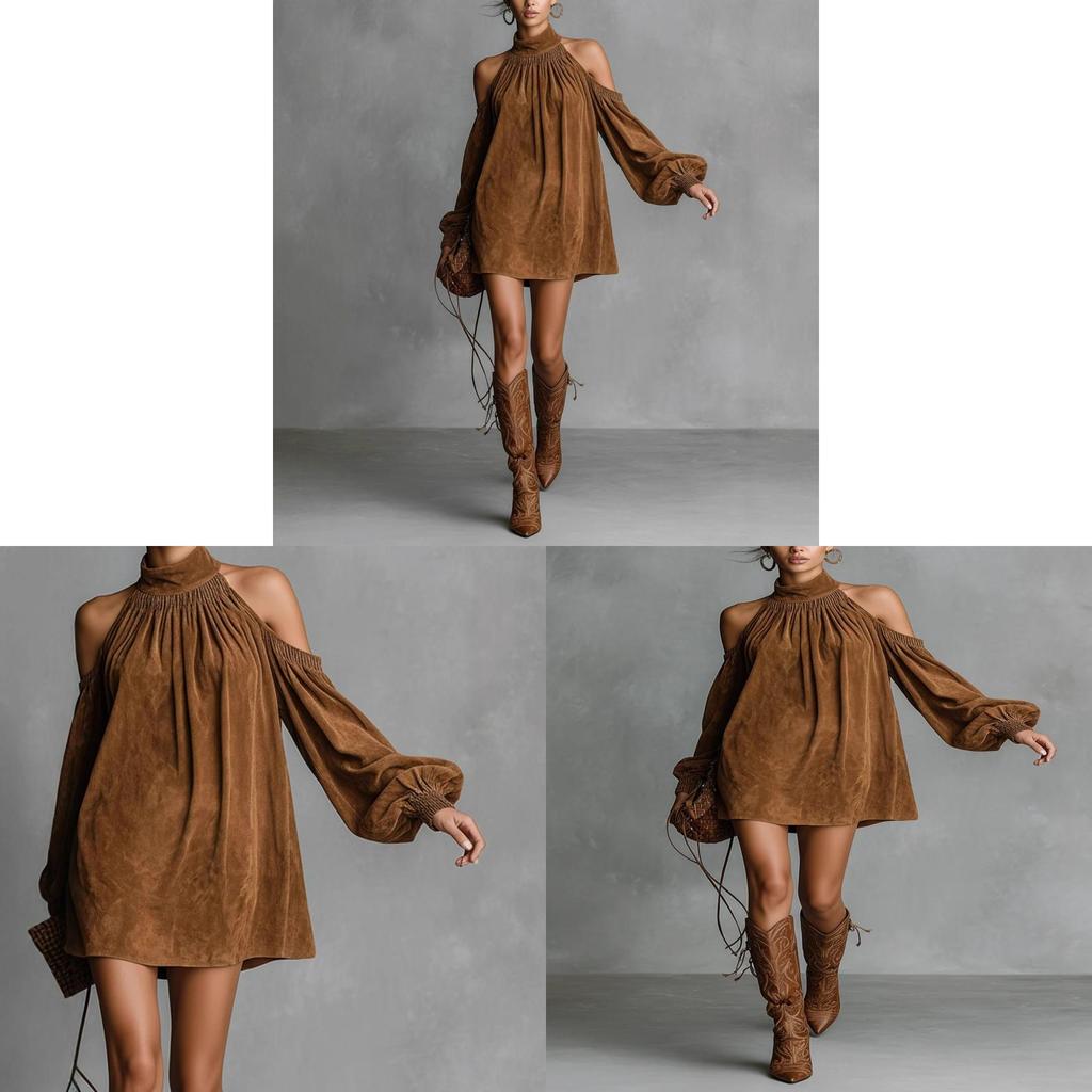 Polyester Blouse Dress With Lantern Sleeves For Casual And Party Wear