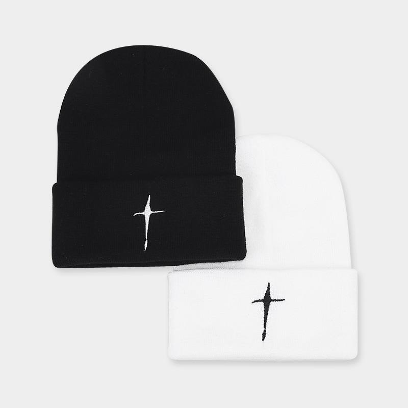 Trendy Brand Cross Embroidery Cold Hat Autumn and Winter Outdoor Personalized Fashion Wool Knitted Hat Men's and Women's Versatile Hat