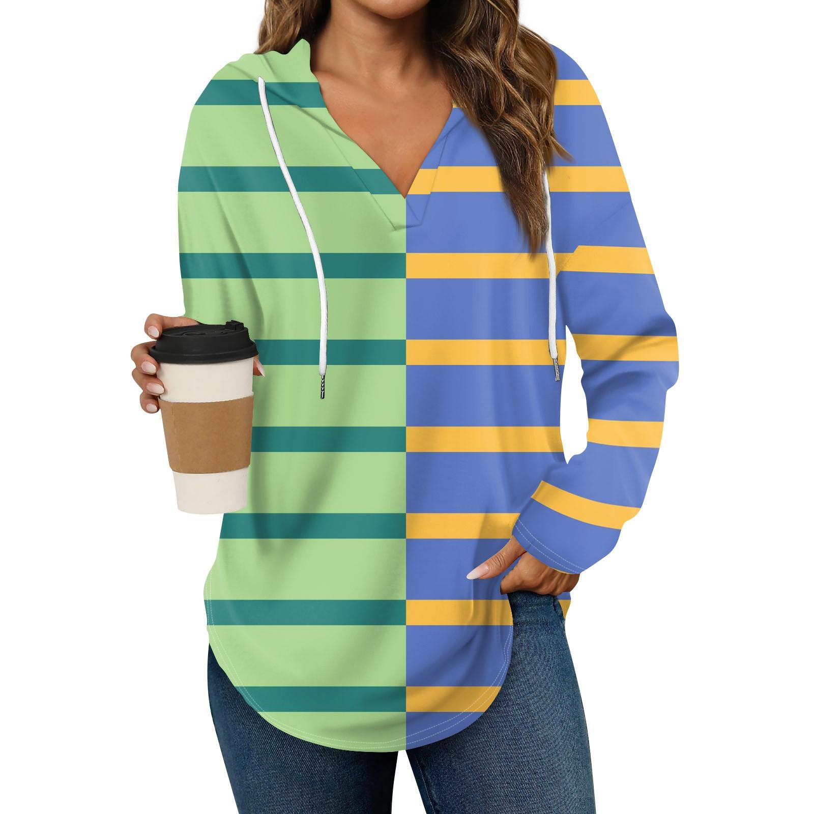 

Женская мода повседневная V-образный вырез завязка полосатый принт длинный рукав топ XL небесно-голубой