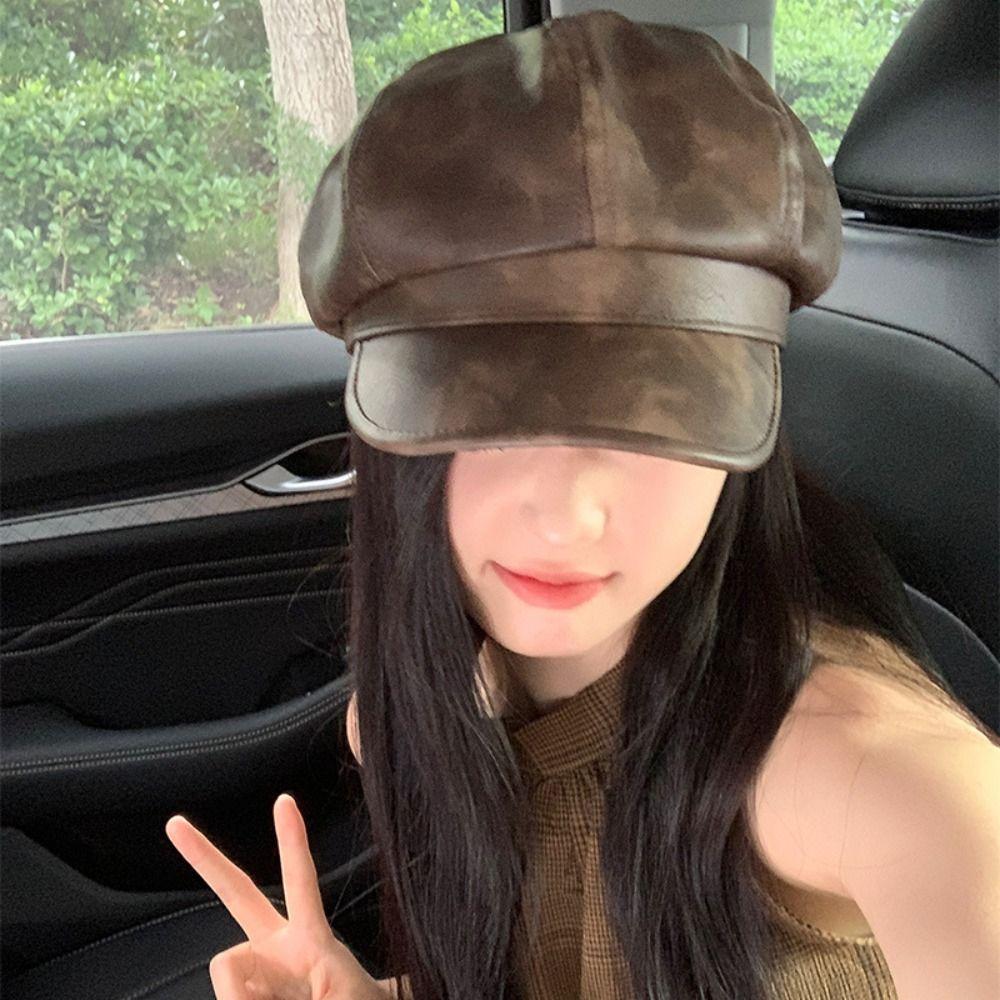 Casual Pu Leather Beret British Style Painter Hat Elegant Women's Beret Streetwear