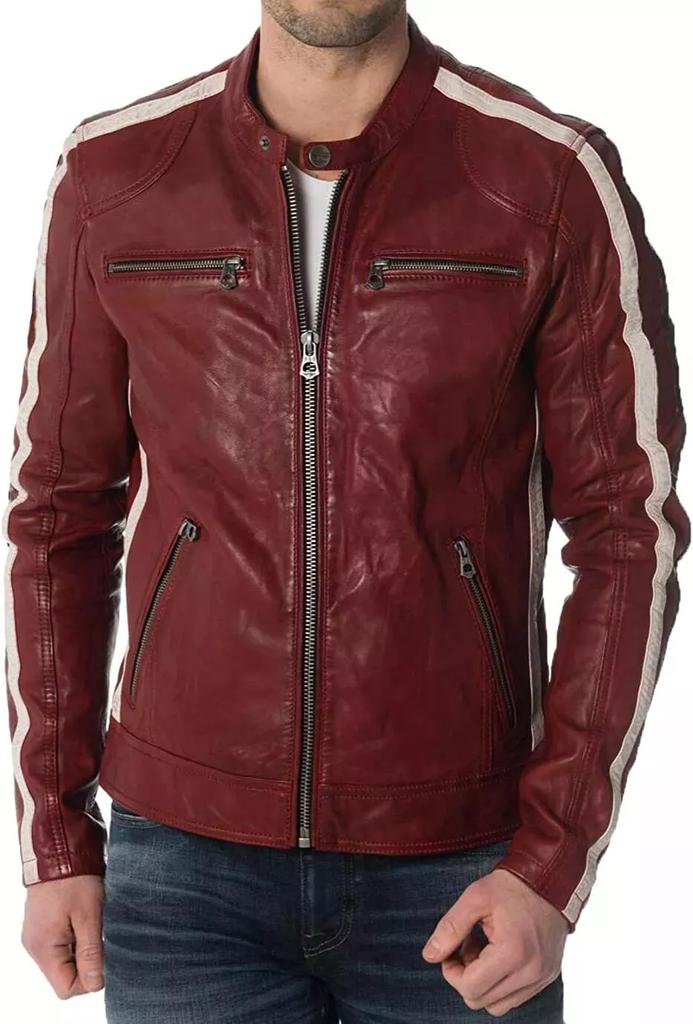 Men's Genuine Sheepskin Leather Jacket Biker Burgundy Trendy Striped Casual Wear