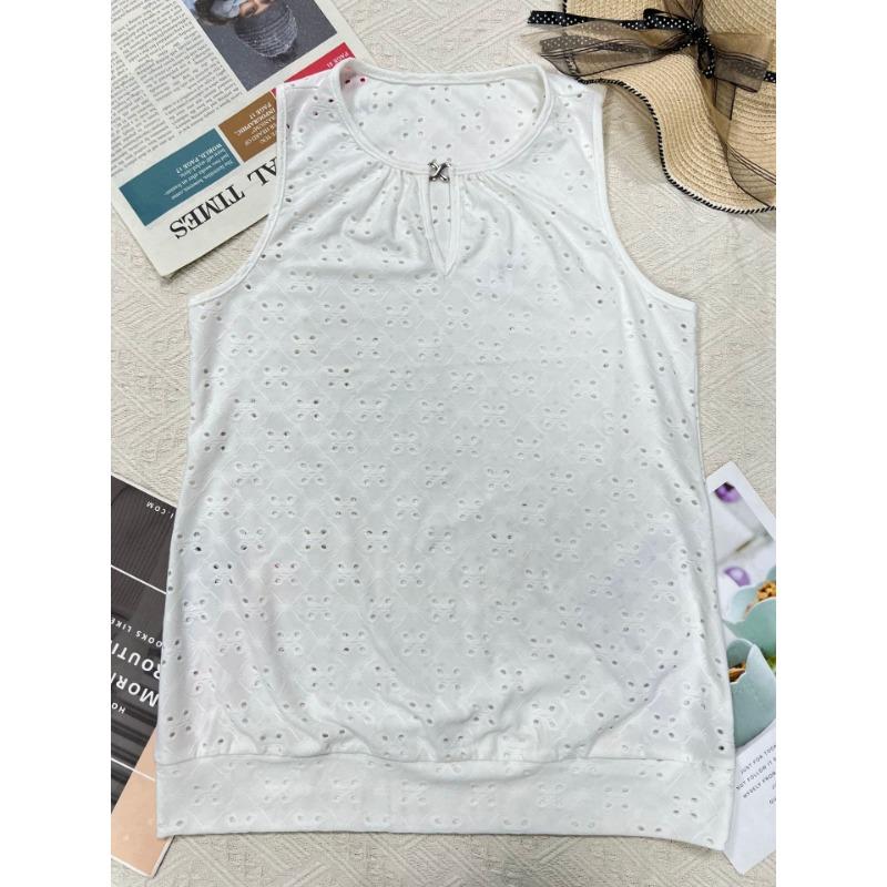 New Summer Women Round Neck Sleeveless Blouse With Front Metal Decor Casual Hollow Out Tank Top