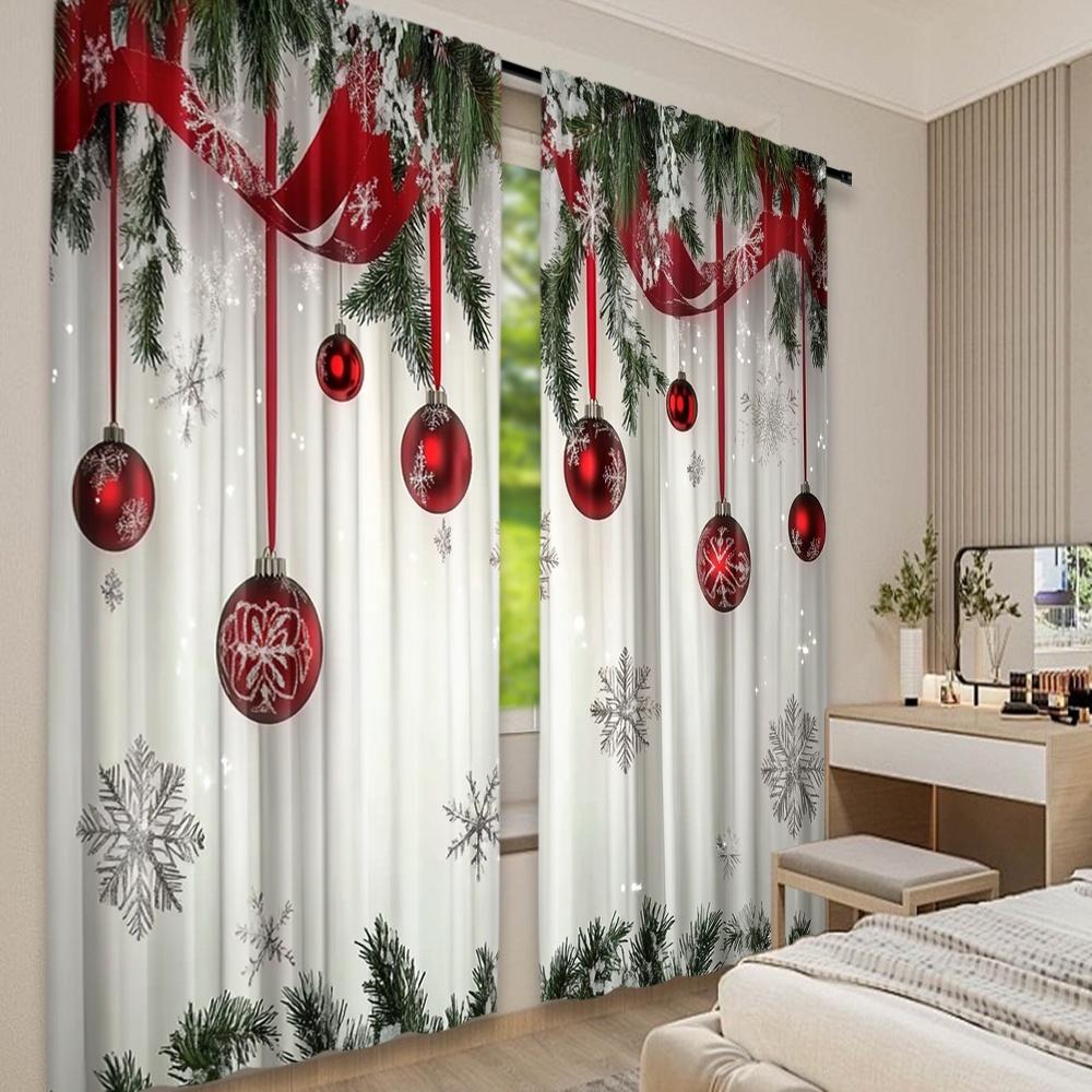 Flat Printing Christmas Hot Party Curtains Ball Red Ribbon Pine Branch Digital Printed Polyester Drapes Non Set Of 2 Made