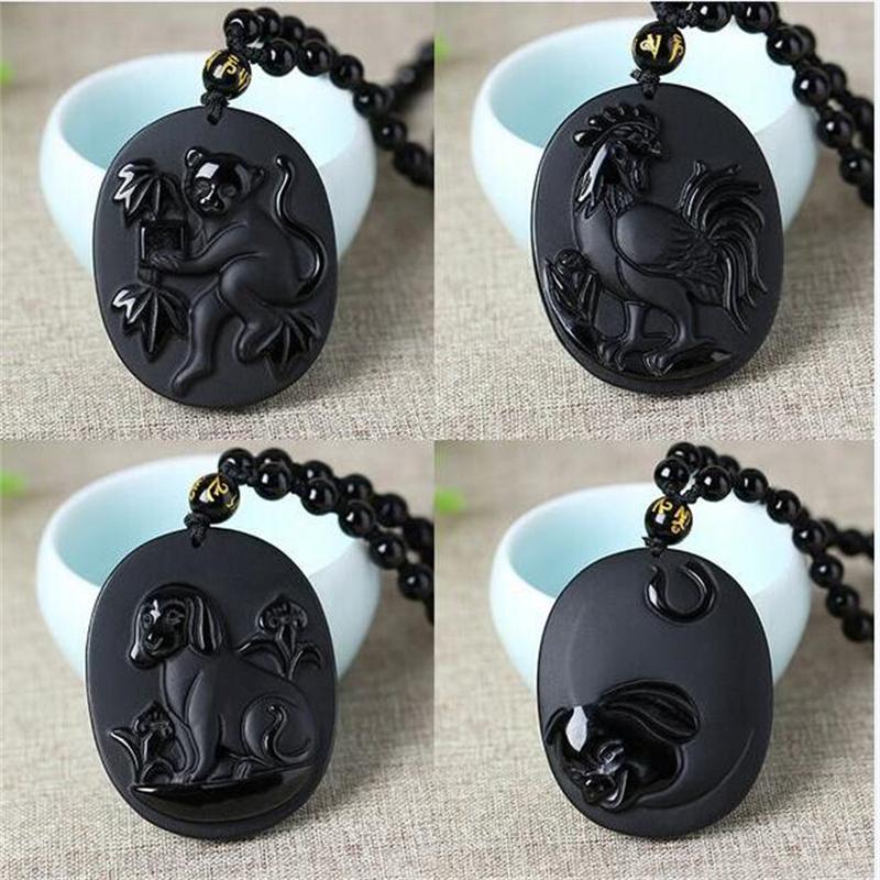 Naturalny Czarny Obsydian Rzeźbiony Chiński Starożytny Dwanaście Zwierząt Zodiaku Szczęśliwy Amulet Wisiorek Koraliki Naszyjnik Modny Prezent Biżuteria