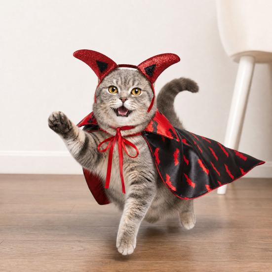 1 Set Gothic Devil Pet Clothes, Adjustable Devil Horn Headband Bat Print Cloak, Halloween Dog Devil Costume Set for Cats Dogs Party Outfit Cosplay