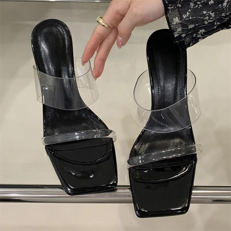 Eilyken New Design Crystal Wedges High Heels Women Slippers Fashion PVC Transparent Square Toe Banquet Slide Shoes