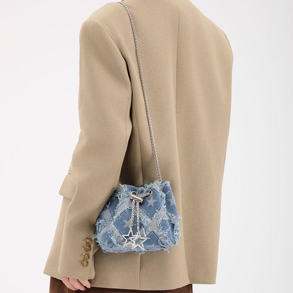 Drawstring Star Denim Bucket Bag Tassel Cloth Shoulder Bag Casual Metal Chain Crossbody Bag  Party