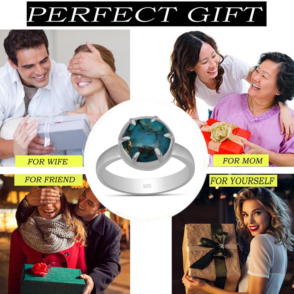 10X10 Mm Natural Blue Copper Turquoise Gemstone 925 Sterling Silver Oval Shape Gemstone Handmade Prong Set Ring For Women & Girls
