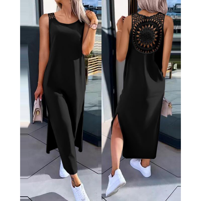 

2025 European & American Fashion Lace Back Sleeveless Slim Fit Dress Medium чёрный