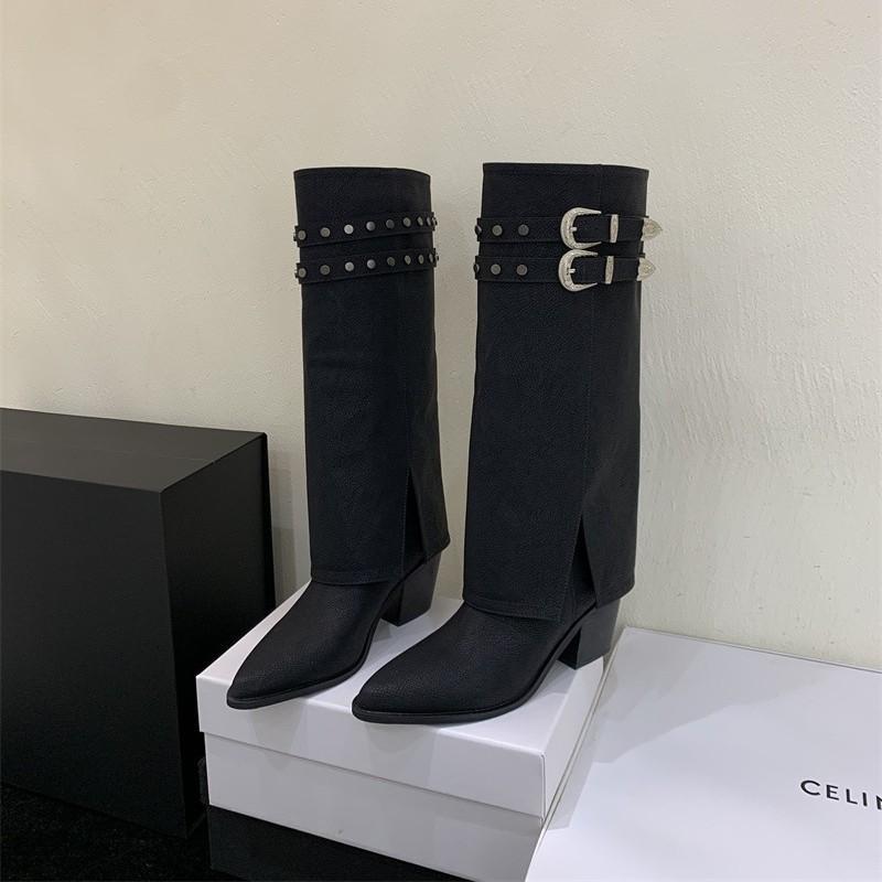 2025 Herbst und Winter neue Retro American Spice Girl Nieten Ritterstiefel Skinny Stiefel Hohe Grobe Absatzstiefel Hose Hosenstiefel Damen