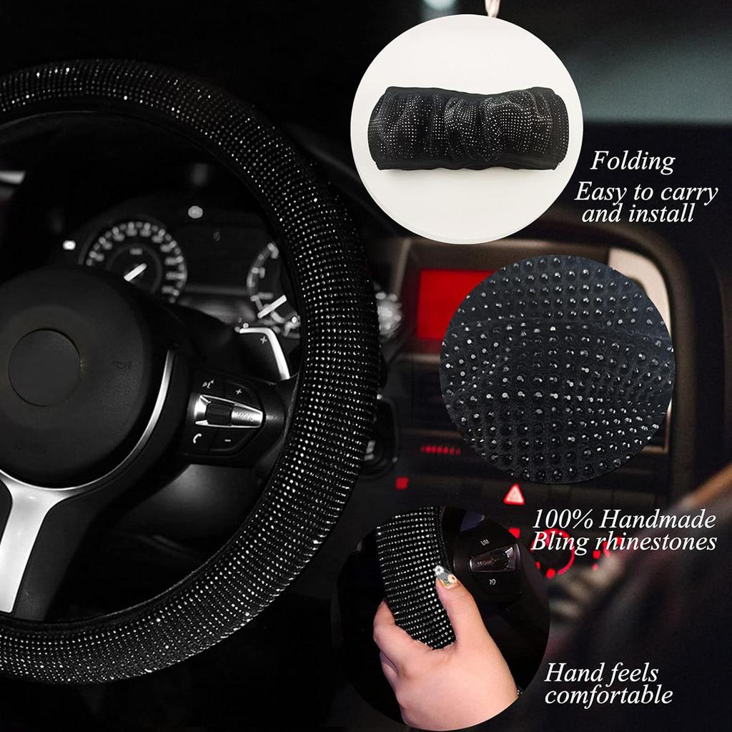 7Pcs/Set Shiny Rhinestones Car Steering Wheel Safety Belt Shifter Cover Cup Mat Start Button Ring Kit