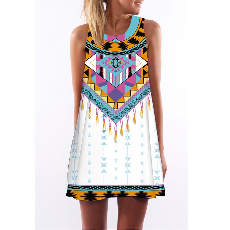European Station European and American New Retro Digital Printing Round Neck Hot-selling Off-the-shoulder Medium and Long Vest Dress