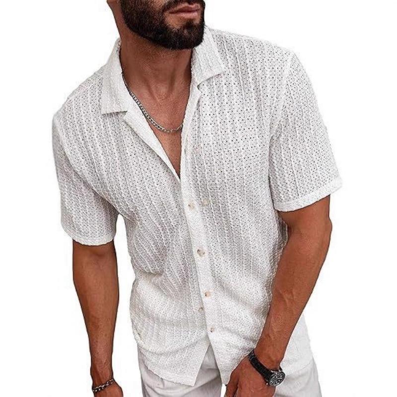 Summer new men s short-sleeved tops, fashionable knitted hollow breathable and cool casual shirts for men S белый