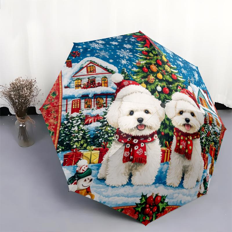 Two Bichon Pattern, Automatic Folding Umbrella, Portable and Foldable Design, 8 Ribs, a Christmas or Birthday Gift.