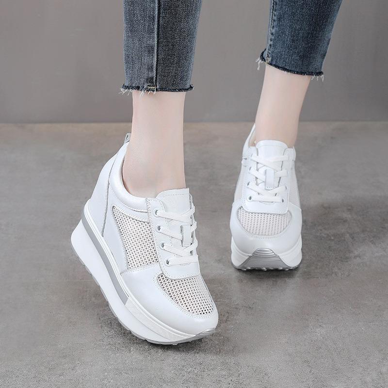 Fashion 10cm Air Mesh Genuine Leather Women Comfy Spring Fashion Chunky Sneaker Flats Ankle Boots Platform Wedge Sneakers Summer Shoes