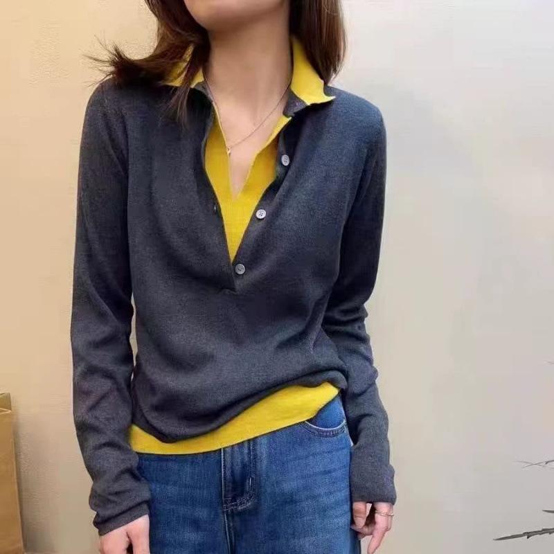 

Autumn and winter new splicing contrasting color fake two-piece lapel knitted sweater stacked casual thin top sweater one size fits all темно-серого